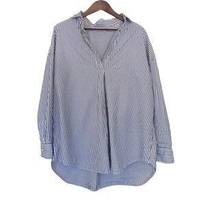 Uniqlo Extra Fine Cotton Women Oversized Shirt XL Blue White Striped Button Down